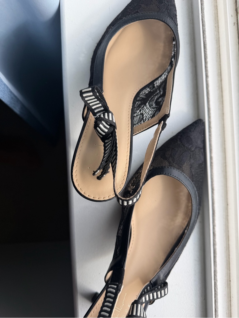 Black Lace Slingback Mules with Striped Bow Detail